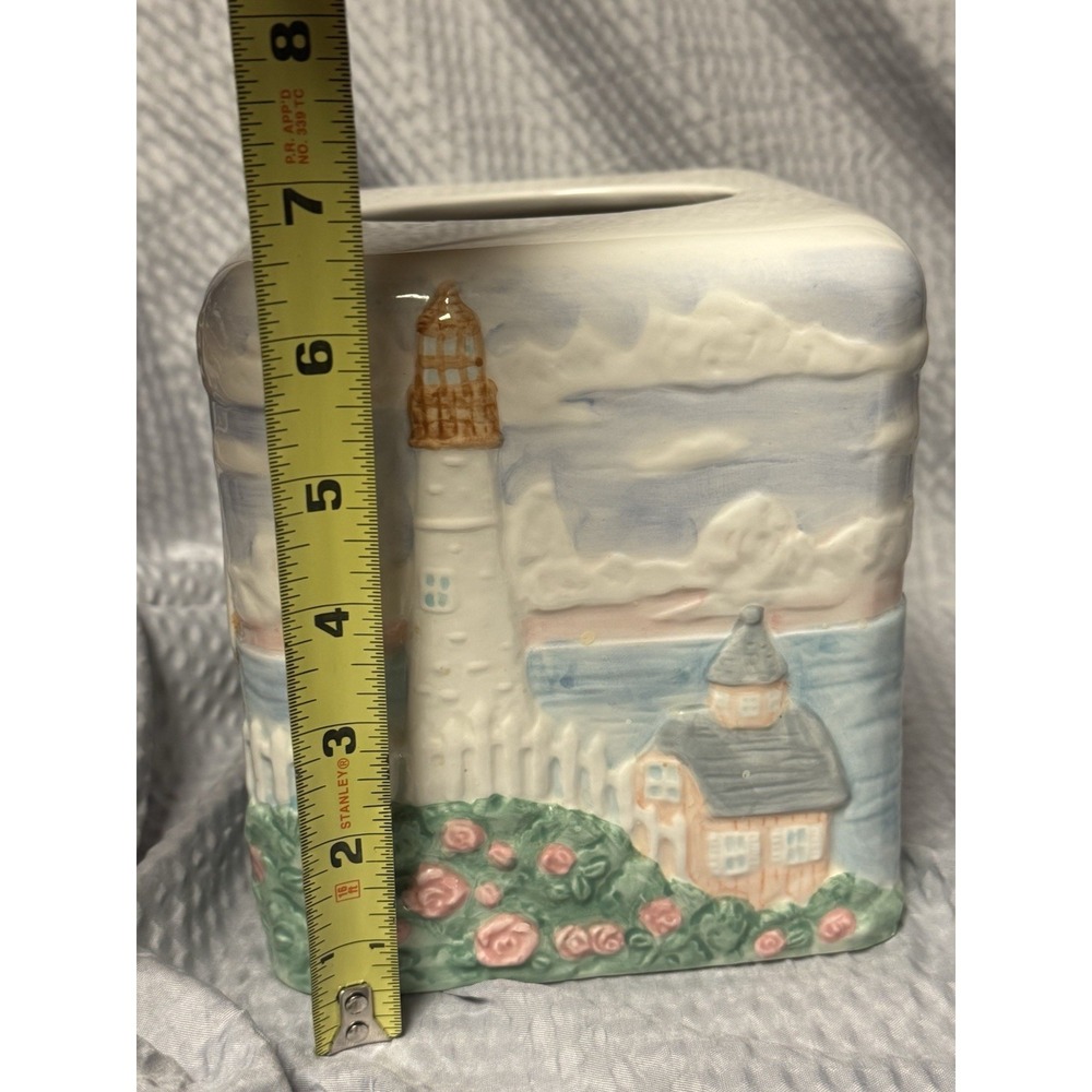 Vintage 1980s Handpainted Ceramic Tissue Box Cover Lighthouse Nautical - Picture 8 of 10